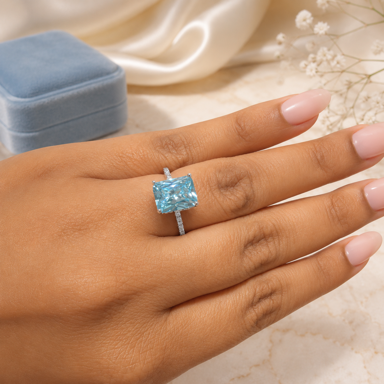 Blush & Aquamarine Radiance 4CT VVS1 Moissanite Ring