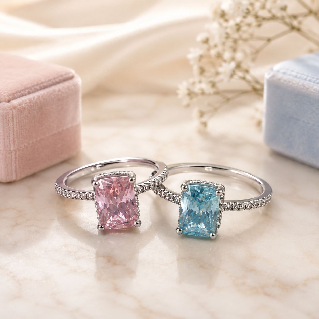 Blush & Aquamarine Radiance 4CT VVS1 Moissanite Ring