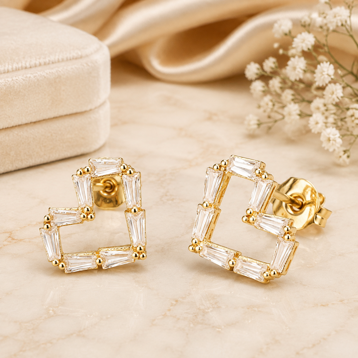 Golden Heart Baguette Studs