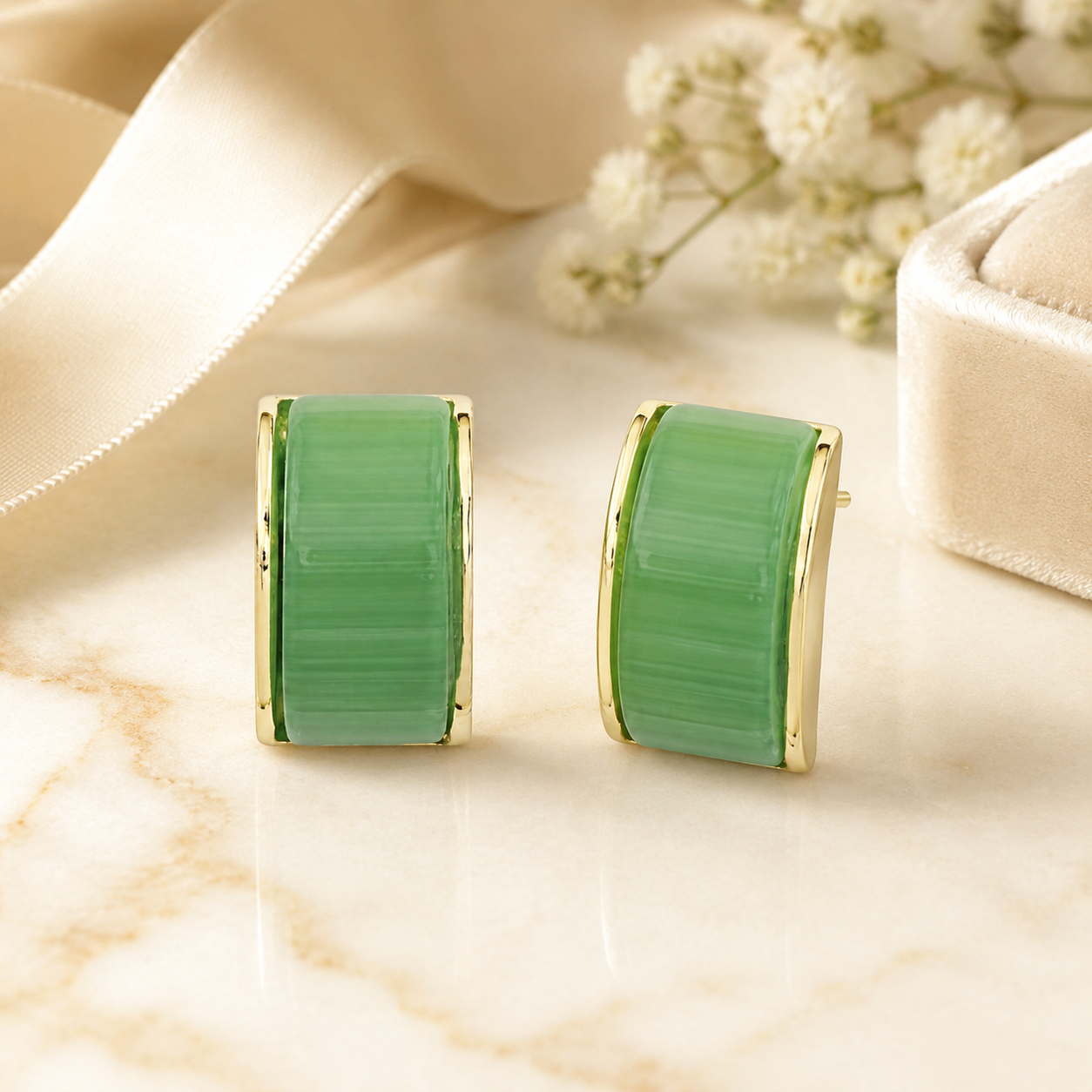 Verdant Glow Cat’s Eye Stud Earrings